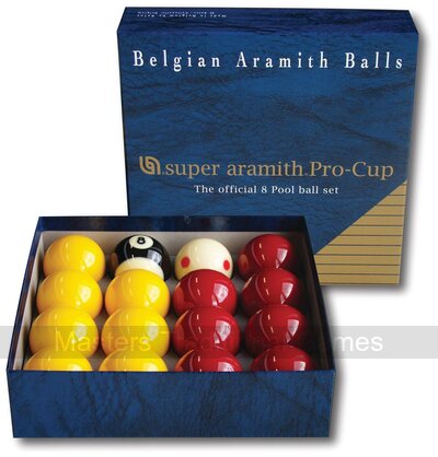 Super Aramith Pro Cup League Pool Balls - red & yellow (2 inch with 1 7/8 inch white)