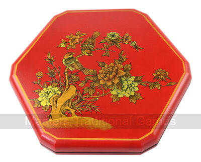 Chinese Checkers in Leatherette Box with Wooden Marbles (Birds and Flowers with red background design)