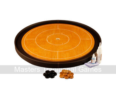 Masters Crokinole Tournament Board - Beech & Chocolate - LEATHERETTE DITCH (with discs, powder & wax wipe set)