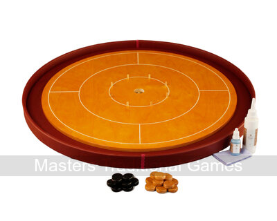 Masters Crokinole Tournament Board - Beech & Crimson - LEATHERETTE DITCH (with discs, powder & wax wipe set)