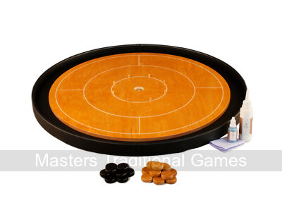 Masters Crokinole Tournament Board - Beech & Ebony - LEATHERETTE DITCH (with discs, powder & wax wipe set)