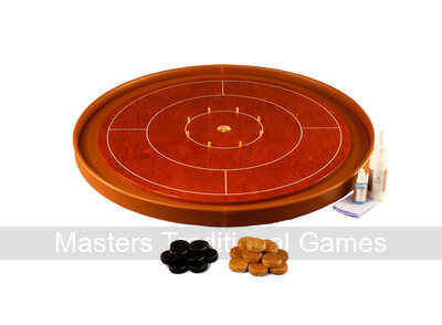 Masters Crokinole Tournament Board - Cherry & Cognac - LEATHERETTE DITCH (with discs, powder & wax wipe set)