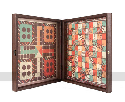 Chess, Backgammon, Ludo, Snakes & Ladders Wooden Games Compendium (Brown)