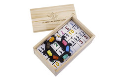 Double 12 Mexican Train Dominoes with numbers in wooden box