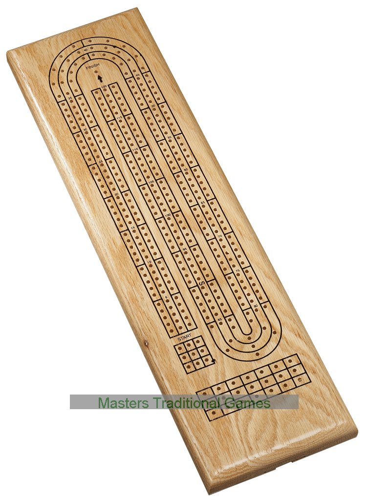 Solid Oak Three Track Cribbage Board With Metal Pegs